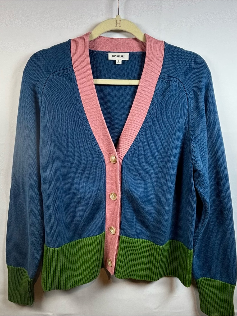 Sugarlips Blue Cardigan with Pink Trim and Green Hem Accent